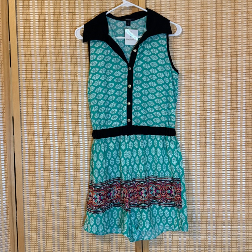 Espresso Womens Teal Geometric Paisley Border Print Sleeveless Romper Small